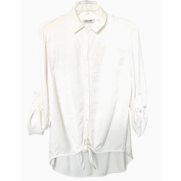 TRANSFER LONG ROLL-TAB SLV, V-NECK, POINTED COLLAR BLOUSE, WOMENS, XL, WHITE - Picture 1 of 12